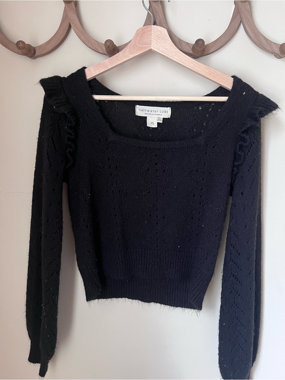 saltwater LUXE Black Square Scoop Knit Sweater with Ruffle Shoulders